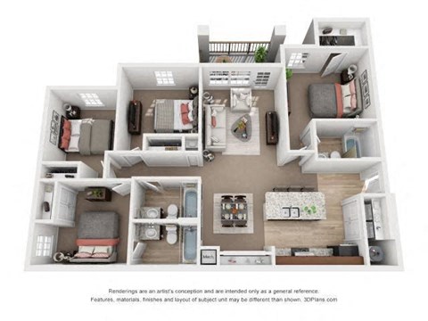 Floor plan for 4 beds, 3 baths, 1315 sqft